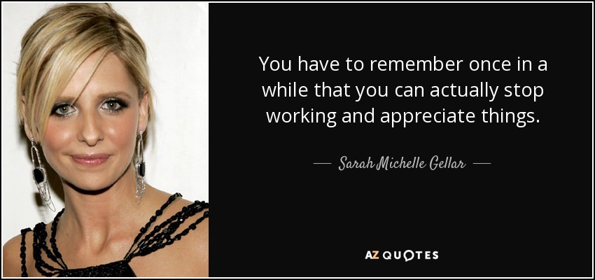 You have to remember once in a while that you can actually stop working and appreciate things. - Sarah Michelle Gellar