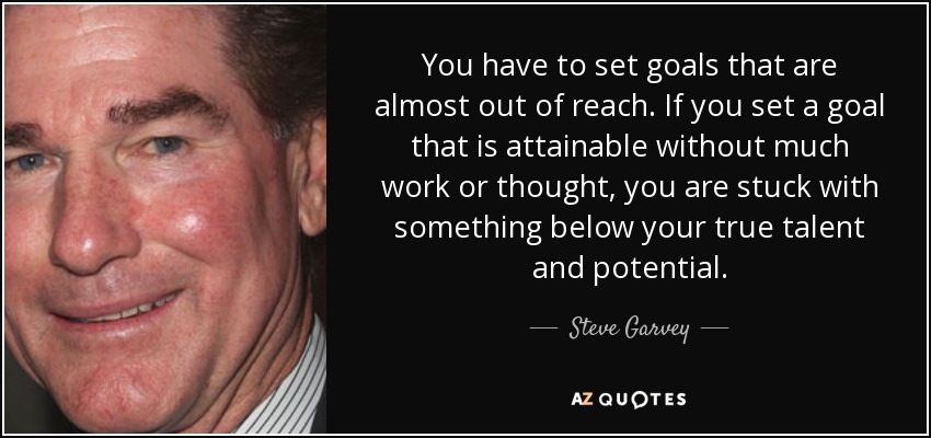 You have to set goals that are almost out of reach. If you set a goal that is attainable without much work or thought, you are stuck with something below your true talent and potential. - Steve Garvey