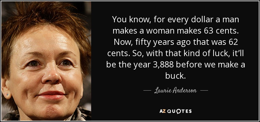 You know, for every dollar a man makes a woman makes 63 cents. Now, fifty years ago that was 62 cents. So, with that kind of luck, it’ll be the year 3,888 before we make a buck. - Laurie Anderson