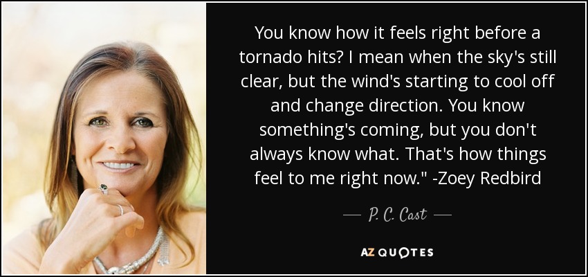 You know how it feels right before a tornado hits? I mean when the sky's still clear, but the wind's starting to cool off and change direction. You know something's coming, but you don't always know what. That's how things feel to me right now.