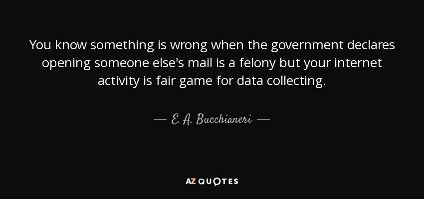 You know something is wrong when the government declares opening someone else's mail is a felony but your internet activity is fair game for data collecting. - E. A. Bucchianeri
