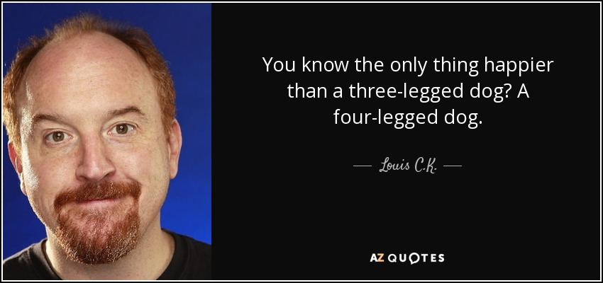 You know the only thing happier than a three-legged dog? A four-legged dog. - Louis C. K.