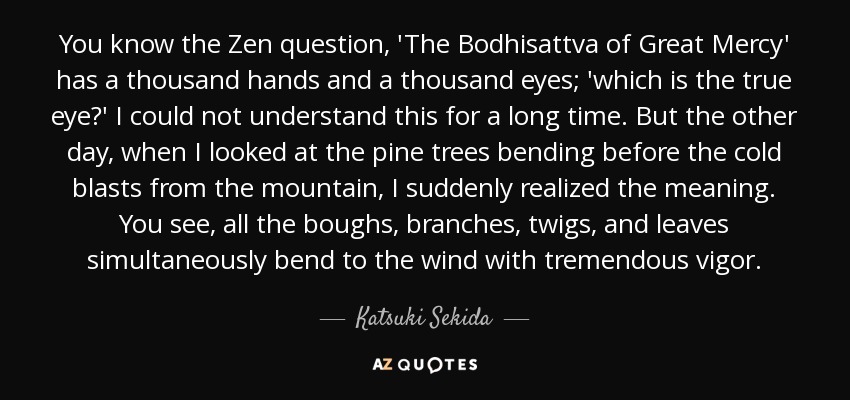 You know the Zen question, 'The Bodhisattva of Great Mercy' has a thousand hands and a thousand eyes; 'which is the true eye?' I could not understand this for a long time. But the other day, when I looked at the pine trees bending before the cold blasts from the mountain, I suddenly realized the meaning. You see, all the boughs, branches, twigs, and leaves simultaneously bend to the wind with tremendous vigor. - Katsuki Sekida
