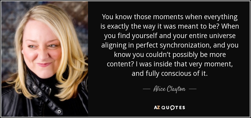 You know those moments when everything is exactly the way it was meant to be? When you find yourself and your entire universe aligning in perfect synchronization, and you know you couldn’t possibly be more content? I was inside that very moment, and fully conscious of it. - Alice Clayton