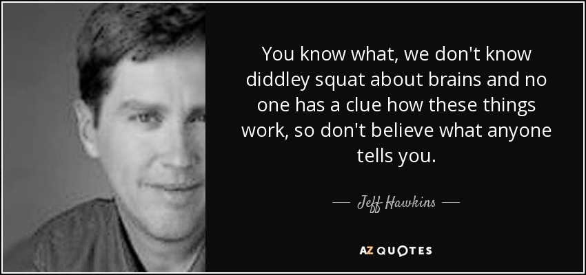 You know what, we don't know diddley squat about brains and no one has a clue how these things work, so don't believe what anyone tells you. - Jeff Hawkins
