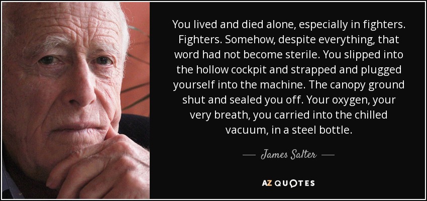 You lived and died alone, especially in fighters. Fighters. Somehow, despite everything, that word had not become sterile. You slipped into the hollow cockpit and strapped and plugged yourself into the machine. The canopy ground shut and sealed you off. Your oxygen, your very breath, you carried into the chilled vacuum, in a steel bottle. - James Salter