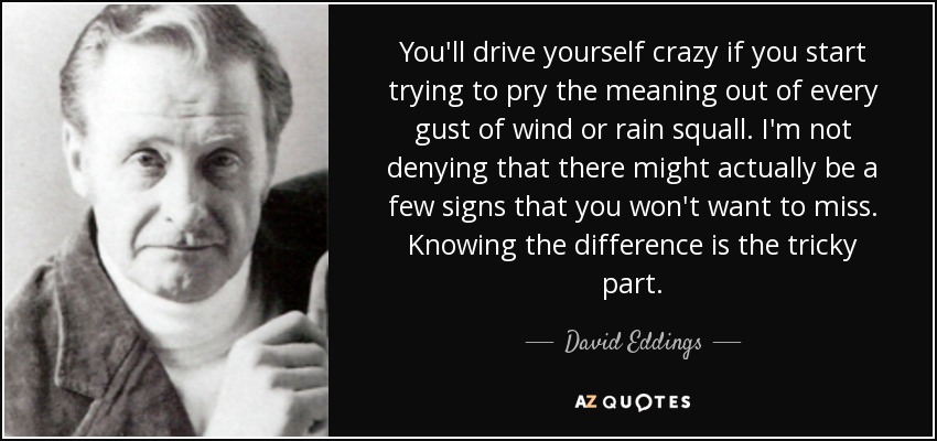 You'll drive yourself crazy if you start trying to pry the meaning out of every gust of wind or rain squall. I'm not denying that there might actually be a few signs that you won't want to miss. Knowing the difference is the tricky part. - David Eddings