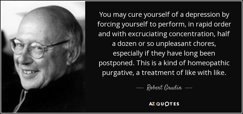 You may cure yourself of a depression by forcing yourself to perform, in rapid order and with excruciating concentration, half a dozen or so unpleasant chores, especially if they have long been postponed. This is a kind of homeopathic purgative, a treatment of like with like. - Robert Grudin