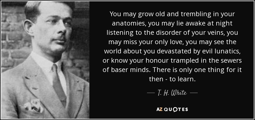 You may grow old and trembling in your anatomies, you may lie awake at night listening to the disorder of your veins, you may miss your only love, you may see the world about you devastated by evil lunatics, or know your honour trampled in the sewers of baser minds. There is only one thing for it then - to learn. - T. H. White