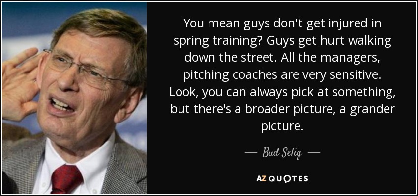 You mean guys don't get injured in spring training? Guys get hurt walking down the street. All the managers, pitching coaches are very sensitive. Look, you can always pick at something, but there's a broader picture, a grander picture. - Bud Selig