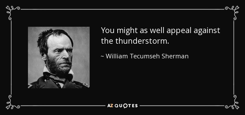 You might as well appeal against the thunderstorm. - William Tecumseh Sherman