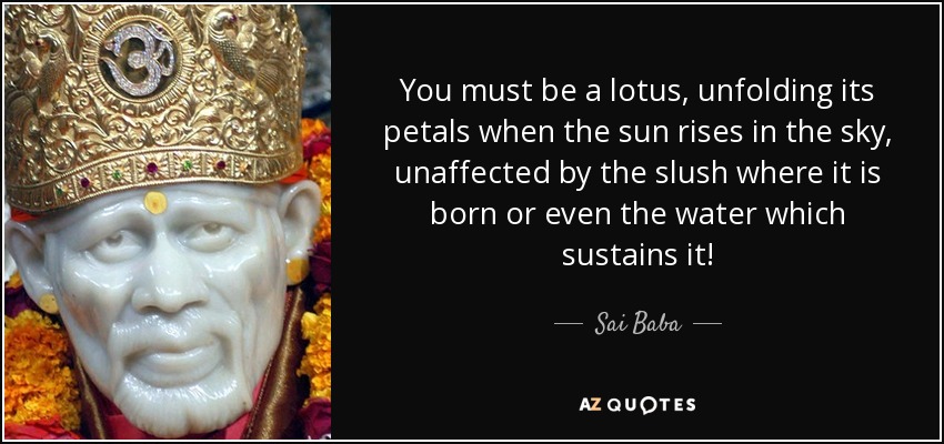 You must be a lotus, unfolding its petals when the sun rises in the sky, unaffected by the slush where it is born or even the water which sustains it! - Sai Baba