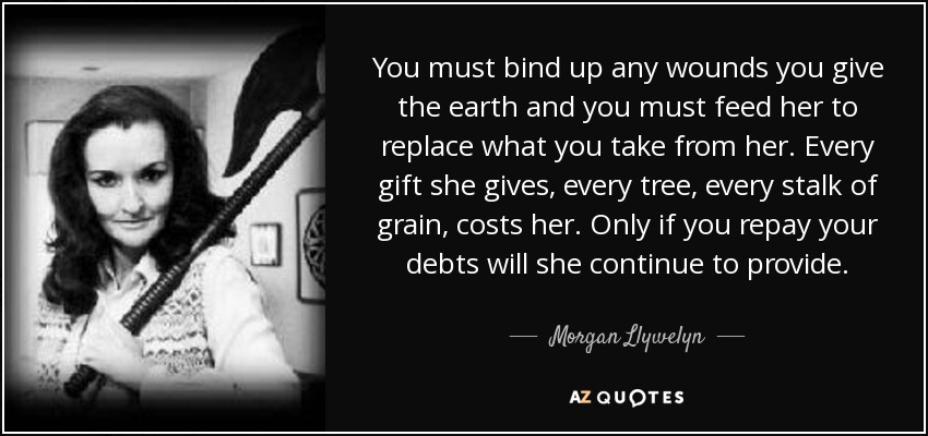 You must bind up any wounds you give the earth and you must feed her to replace what you take from her. Every gift she gives, every tree, every stalk of grain, costs her. Only if you repay your debts will she continue to provide. - Morgan Llywelyn