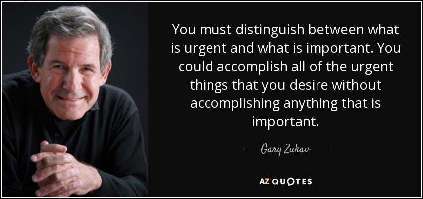 You must distinguish between what is urgent and what is important. You could accomplish all of the urgent things that you desire without accomplishing anything that is important. - Gary Zukav