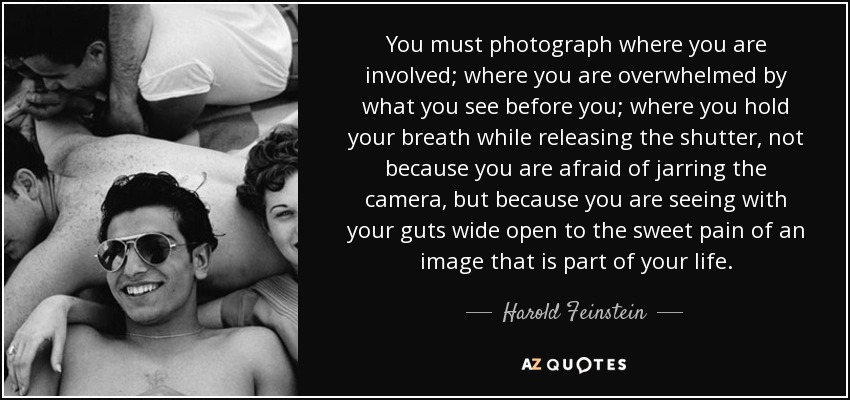 You must photograph where you are involved; where you are overwhelmed by what you see before you; where you hold your breath while releasing the shutter, not because you are afraid of jarring the camera, but because you are seeing with your guts wide open to the sweet pain of an image that is part of your life. - Harold Feinstein