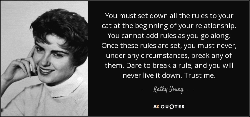 You must set down all the rules to your cat at the beginning of your relationship. You cannot add rules as you go along. Once these rules are set, you must never, under any circumstances, break any of them. Dare to break a rule, and you will never live it down. Trust me. - Kathy Young