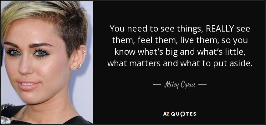 You need to see things, REALLY see them, feel them, live them, so you know what’s big and what’s little, what matters and what to put aside. - Miley Cyrus