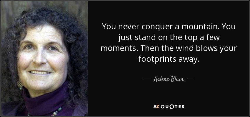You never conquer a mountain. You just stand on the top a few moments. Then the wind blows your footprints away. - Arlene Blum