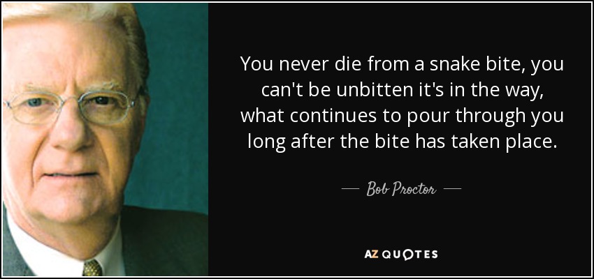You never die from a snake bite, you can't be unbitten it's in the way, what continues to pour through you long after the bite has taken place. - Bob Proctor