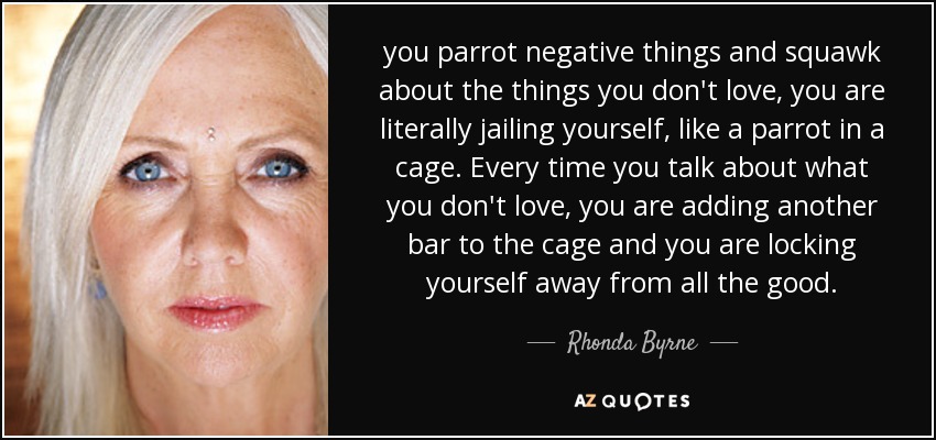 you parrot negative things and squawk about the things you don't love, you are literally jailing yourself, like a parrot in a cage. Every time you talk about what you don't love, you are adding another bar to the cage and you are locking yourself away from all the good. - Rhonda Byrne