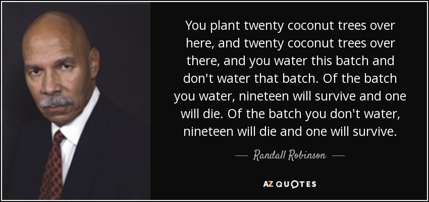 You plant twenty coconut trees over here, and twenty coconut trees over there, and you water this batch and don't water that batch. Of the batch you water, nineteen will survive and one will die. Of the batch you don't water, nineteen will die and one will survive. - Randall Robinson