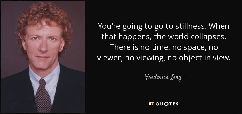 You're going to go to stillness. When that happens, the world collapses. There is no time, no space, no viewer, no viewing, no object in view. - Frederick Lenz