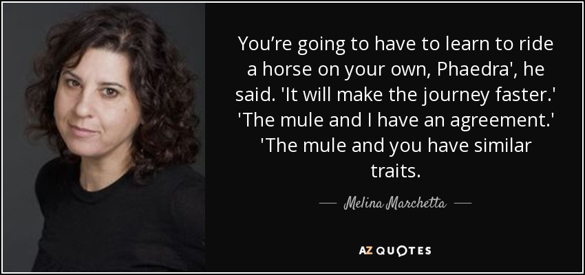 You’re going to have to learn to ride a horse on your own, Phaedra', he said. 'It will make the journey faster.' 'The mule and I have an agreement.' 'The mule and you have similar traits. - Melina Marchetta