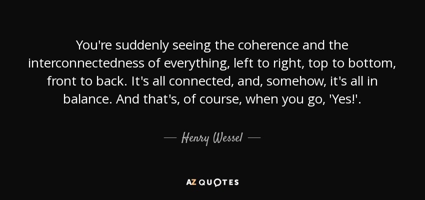 You're suddenly seeing the coherence and the interconnectedness of everything, left to right, top to bottom, front to back. It's all connected, and, somehow, it's all in balance. And that's, of course, when you go, 'Yes!'. - Henry Wessel, Jr.