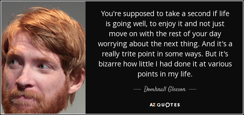 You're supposed to take a second if life is going well, to enjoy it and not just move on with the rest of your day worrying about the next thing. And it's a really trite point in some ways. But it's bizarre how little I had done it at various points in my life. - Domhnall Gleeson