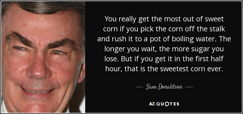 You really get the most out of sweet corn if you pick the corn off the stalk and rush it to a pot of boiling water. The longer you wait, the more sugar you lose. But if you get it in the first half hour, that is the sweetest corn ever. - Sam Donaldson