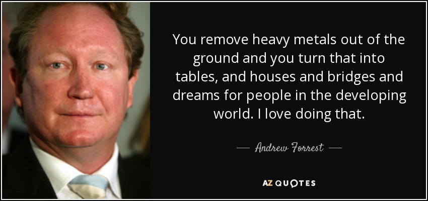 You remove heavy metals out of the ground and you turn that into tables, and houses and bridges and dreams for people in the developing world. I love doing that. - Andrew Forrest