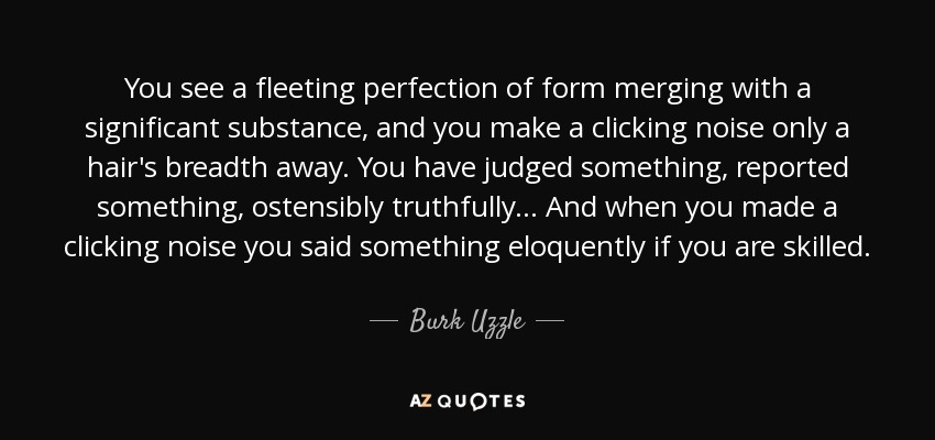 You see a fleeting perfection of form merging with a significant substance, and you make a clicking noise only a hair's breadth away. You have judged something, reported something, ostensibly truthfully... And when you made a clicking noise you said something eloquently if you are skilled. - Burk Uzzle