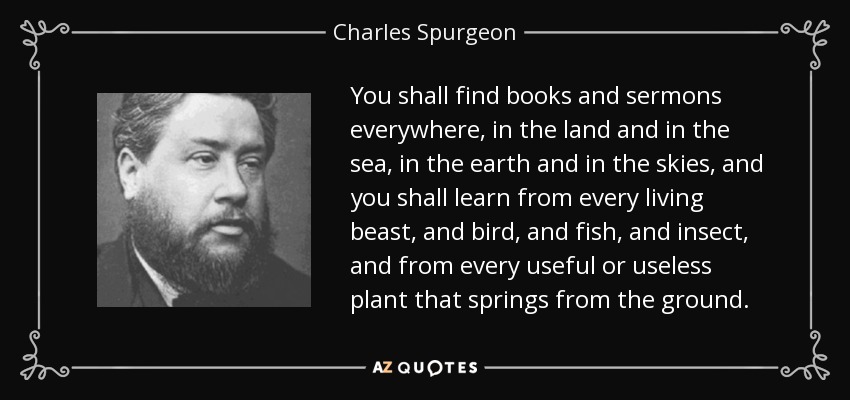 You shall find books and sermons everywhere, in the land and in the sea, in the earth and in the skies, and you shall learn from every living beast, and bird, and fish, and insect, and from every useful or useless plant that springs from the ground. - Charles Spurgeon