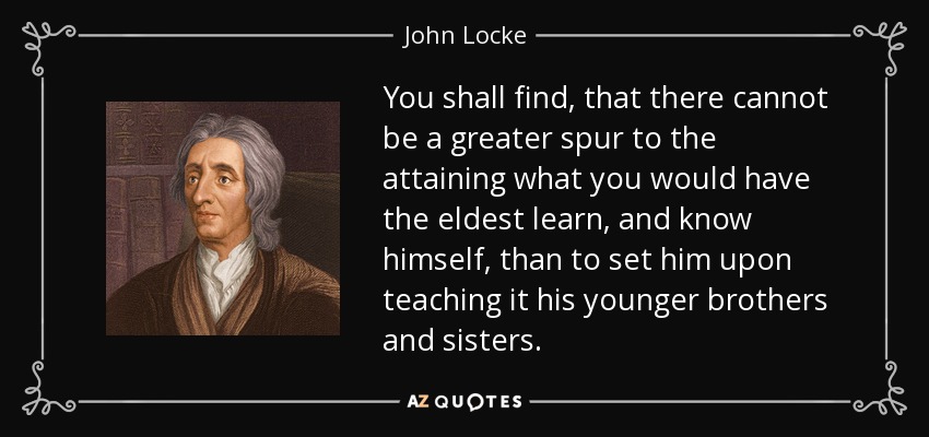 You shall find, that there cannot be a greater spur to the attaining what you would have the eldest learn, and know himself, than to set him upon teaching it his younger brothers and sisters. - John Locke