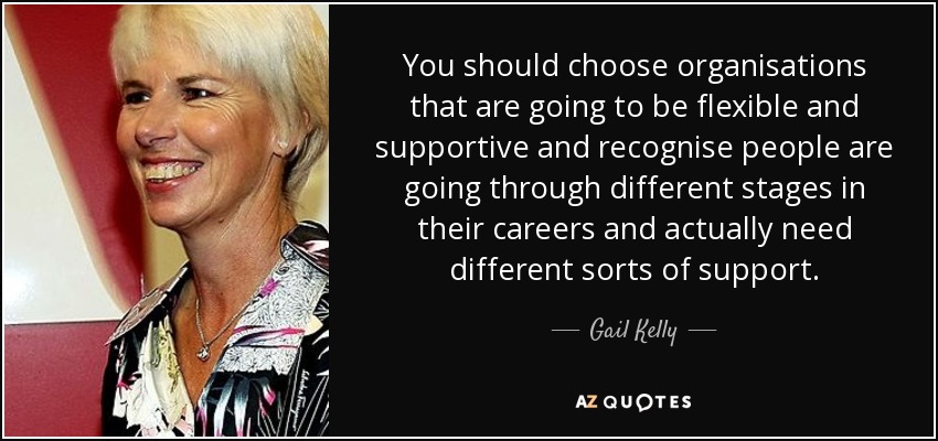 You should choose organisations that are going to be flexible and supportive and recognise people are going through different stages in their careers and actually need different sorts of support. - Gail Kelly