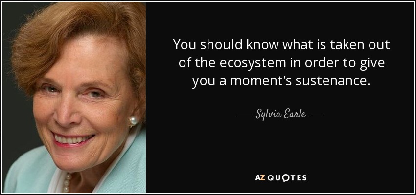 You should know what is taken out of the ecosystem in order to give you a moment's sustenance. - Sylvia Earle