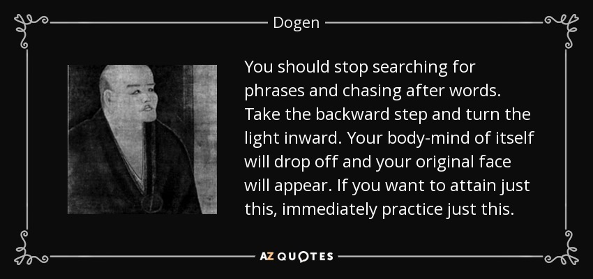 You should stop searching for phrases and chasing after words. Take the backward step and turn the light inward. Your body-mind of itself will drop off and your original face will appear. If you want to attain just this, immediately practice just this. - Dogen