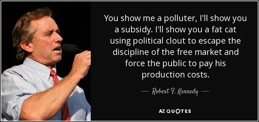 You show me a polluter, I'll show you a subsidy. I'll show you a fat cat using political clout to escape the discipline of the free market and force the public to pay his production costs. - Robert F. Kennedy, Jr.