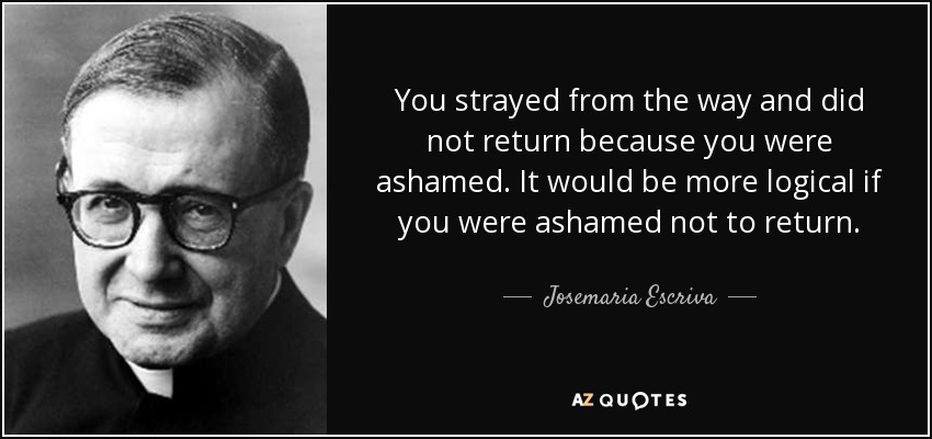 You strayed from the way and did not return because you were ashamed. It would be more logical if you were ashamed not to return. - Josemaria Escriva