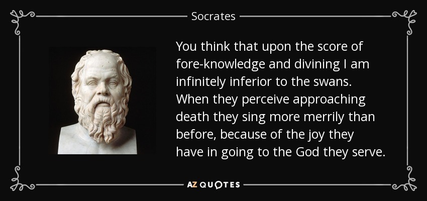 You think that upon the score of fore-knowledge and divining I am infinitely inferior to the swans. When they perceive approaching death they sing more merrily than before, because of the joy they have in going to the God they serve. - Socrates