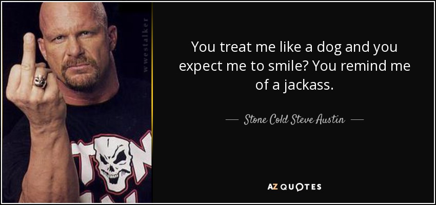 You treat me like a dog and you expect me to smile? You remind me of a jackass. - Stone Cold Steve Austin