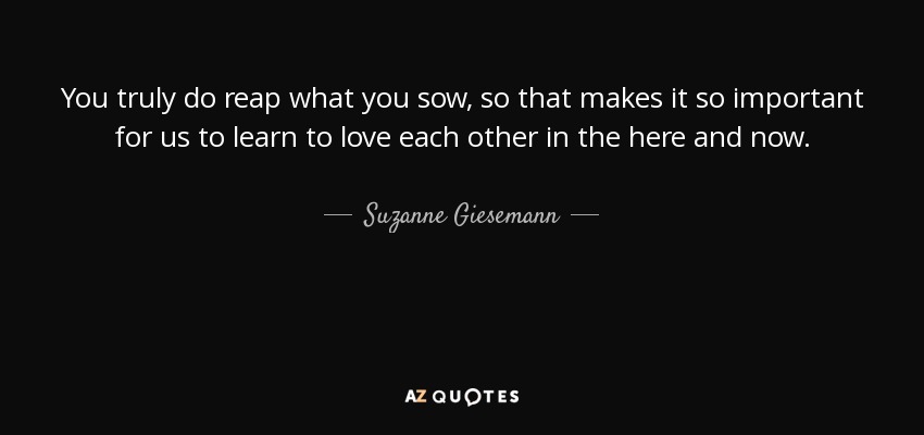 You truly do reap what you sow, so that makes it so important for us to learn to love each other in the here and now. - Suzanne Giesemann