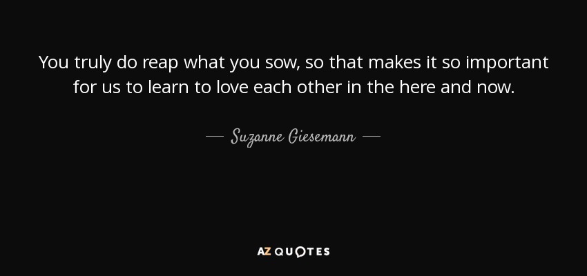 You truly do reap what you sow, so that makes it so important for us to learn to love each other in the here and now. - Suzanne Giesemann