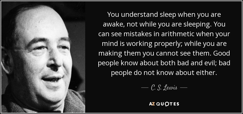 You understand sleep when you are awake, not while you are sleeping. You can see mistakes in arithmetic when your mind is working properly; while you are making them you cannot see them. Good people know about both bad and evil; bad people do not know about either. - C. S. Lewis