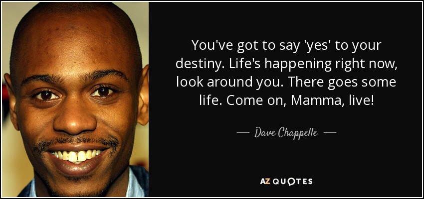 You've got to say 'yes' to your destiny. Life's happening right now, look around you. There goes some life. Come on, Mamma, live! - Dave Chappelle