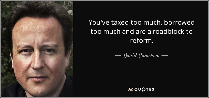 You've taxed too much, borrowed too much and are a roadblock to reform. - David Cameron