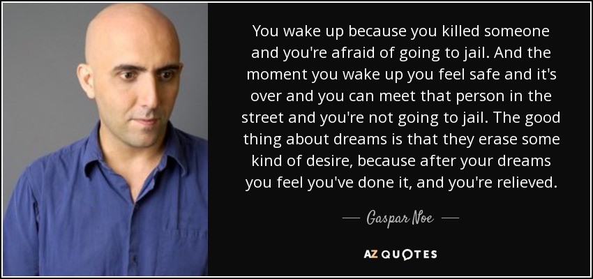 You wake up because you killed someone and you're afraid of going to jail. And the moment you wake up you feel safe and it's over and you can meet that person in the street and you're not going to jail. The good thing about dreams is that they erase some kind of desire, because after your dreams you feel you've done it, and you're relieved. - Gaspar Noe