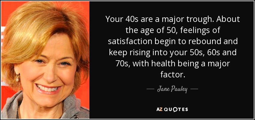 Your 40s are a major trough. About the age of 50, feelings of satisfaction begin to rebound and keep rising into your 50s, 60s and 70s, with health being a major factor. - Jane Pauley