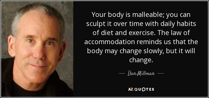 Your body is malleable; you can sculpt it over time with daily habits of diet and exercise. The law of accommodation reminds us that the body may change slowly, but it will change. - Dan Millman
