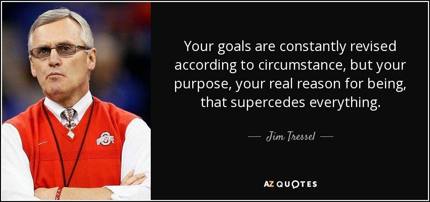 Your goals are constantly revised according to circumstance, but your purpose, your real reason for being, that supercedes everything. - Jim Tressel